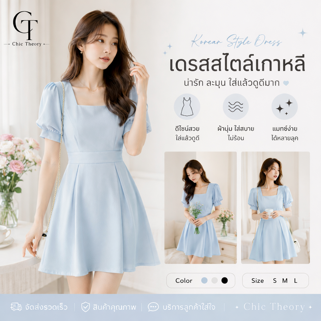 เดรสสไตล์เกาหลี สีฟ้าอ่อน